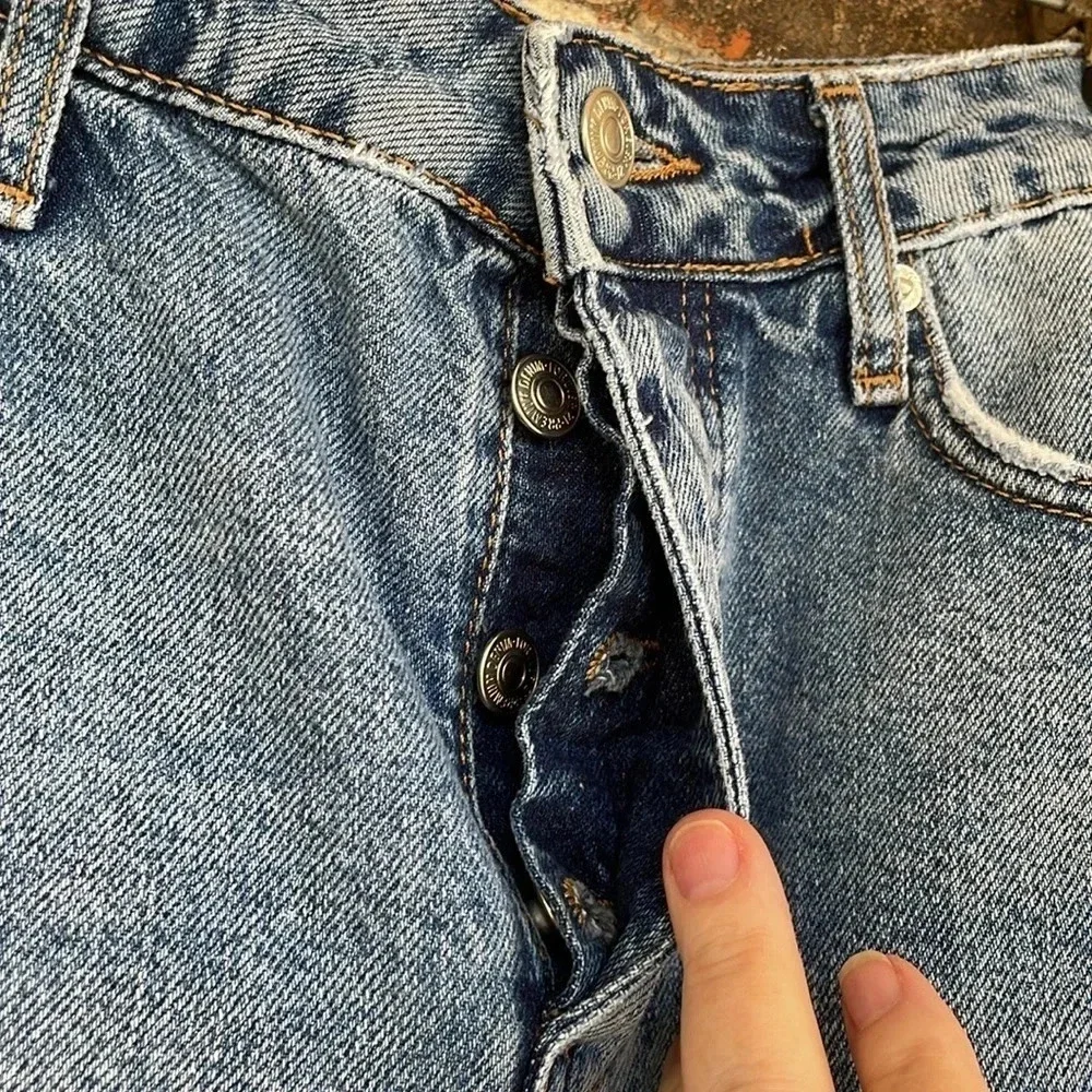 Forever 21 Distressed Blue Jean Button Up Cut Off Shorts